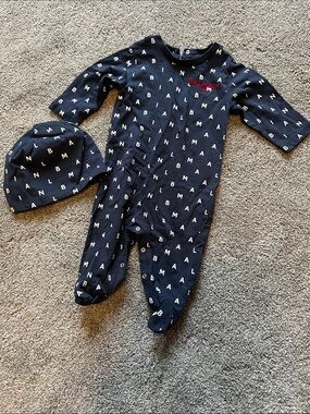 Balmain Navy & White Logo-Print Baby Footie with Matching Hat